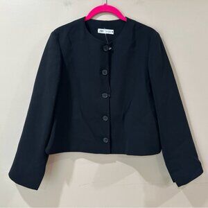 Zara Black Collarless Button Front Cropped Jacket Blazer Women S New 8881/188